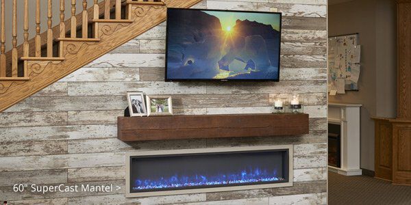 A traditional living room with a linear fireplace installed on a wood plank wall with a dark brown wood mantel and a flatscreen TV above.