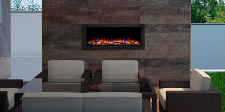 The Forum Electric Fireplace from Simplifire is rated for safe outdoor use.