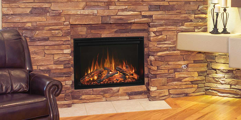 A traditional, Redstone electric fireplace insert that looks like a real wood burning fire