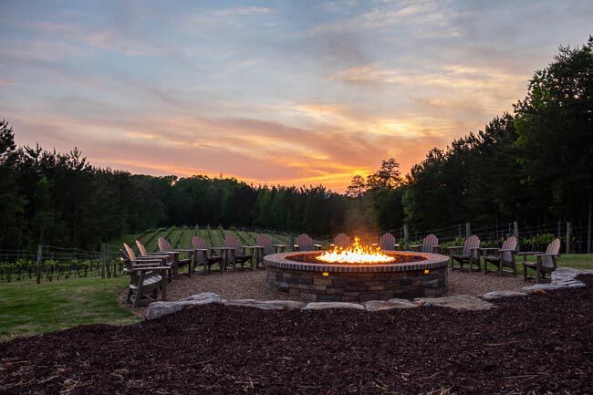 Fire pit burning at dusk