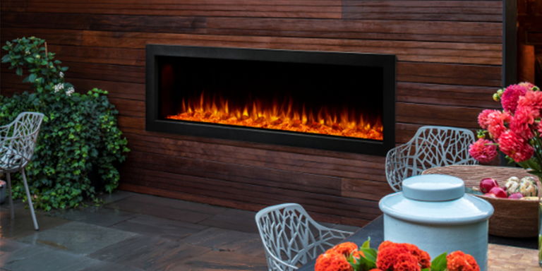 The 55-inch Simplifire Forum Electric Fireplace, rated for outdoor use