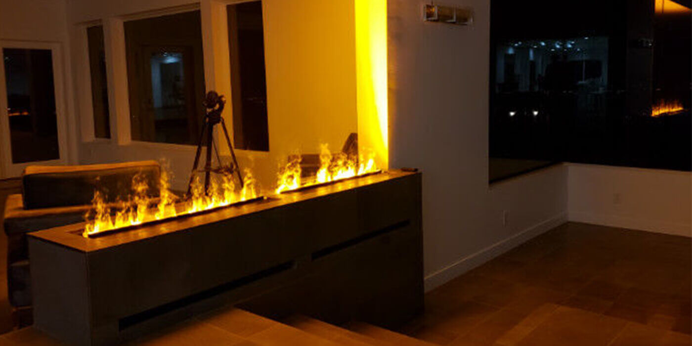 OptiMyst fireplace in a dark living room