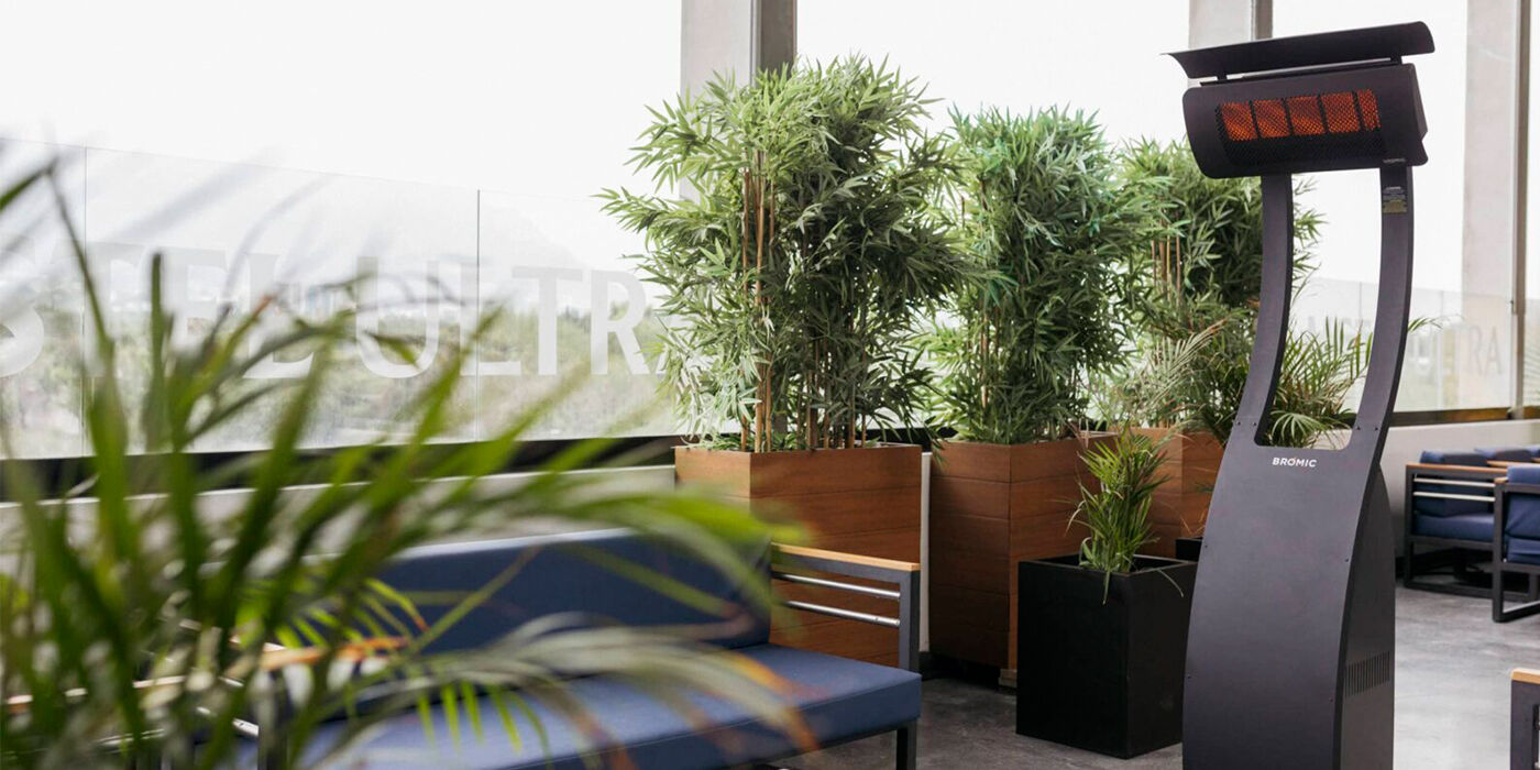 A freestanding Bromic Tungsten propane patio heater