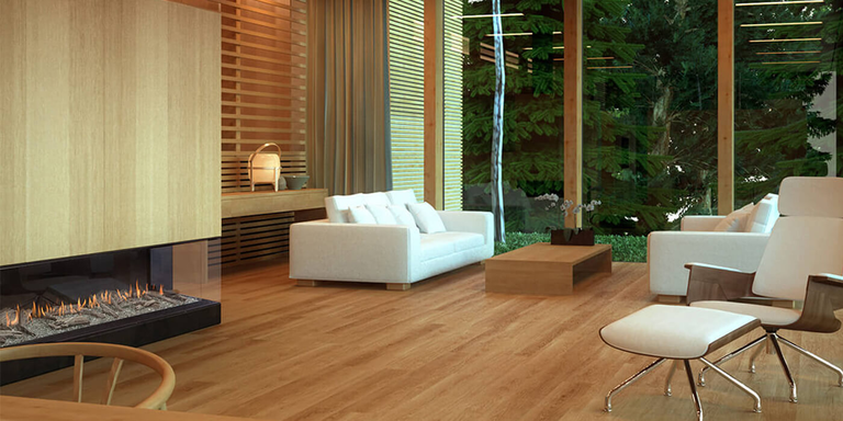 A Mid-Century Modern styled living room with a large, linear three-sided gas fireplace