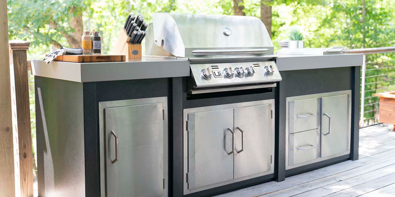 A black and stainless steel ready-to-finish outdoor kitchen