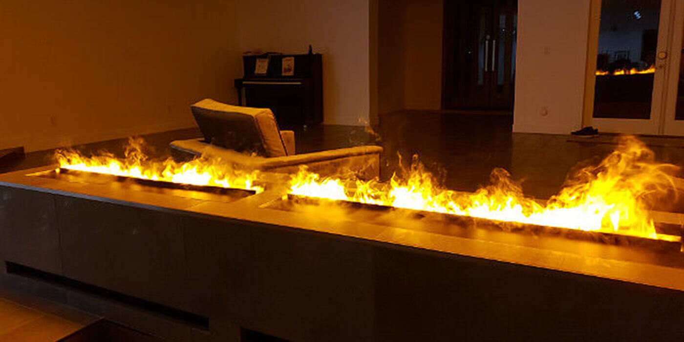 Close-up of OptiMyst fireplace in a dark living room