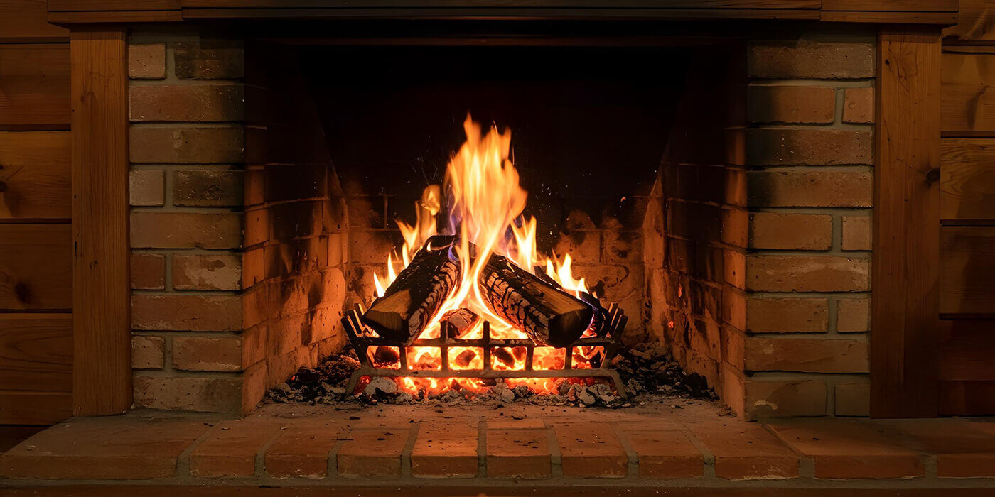 A wood burning fireplace opening with a grate