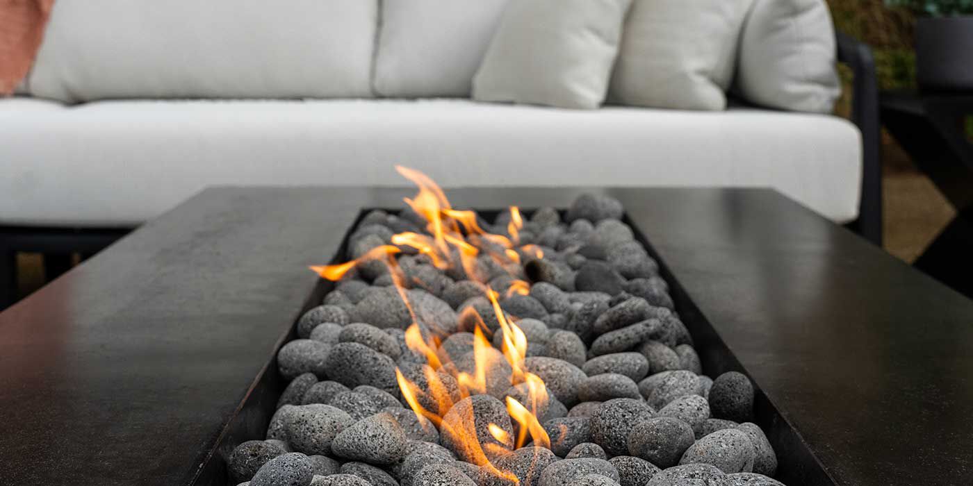 The Zen Gas Fire Pit with rolled lava stone media 