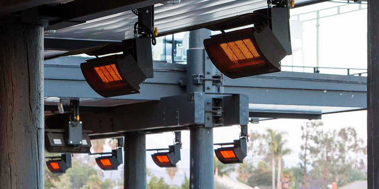 Bromic Tungsten Smart Heat Natural Gas Patio Heaters installed in an outdoor restaurant 