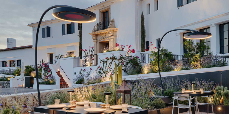 Bromic Eclipse portable heaters installed in a commercial outdoor dining space