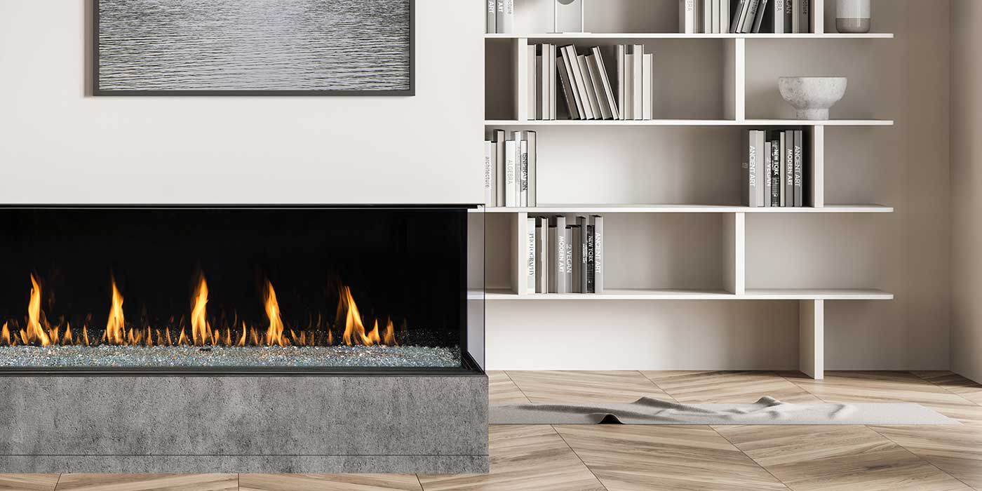A modern living space with a contemporary, linear gas fireplace