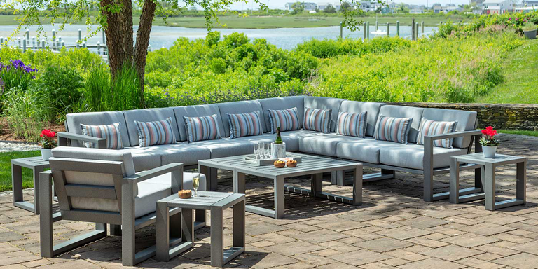 The Seaside Casual MIA patio furniture collection, featuring modular pieces that can be moved around and rearranged.