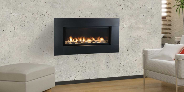 A linear, unvented gas fireplace in a modern living room
