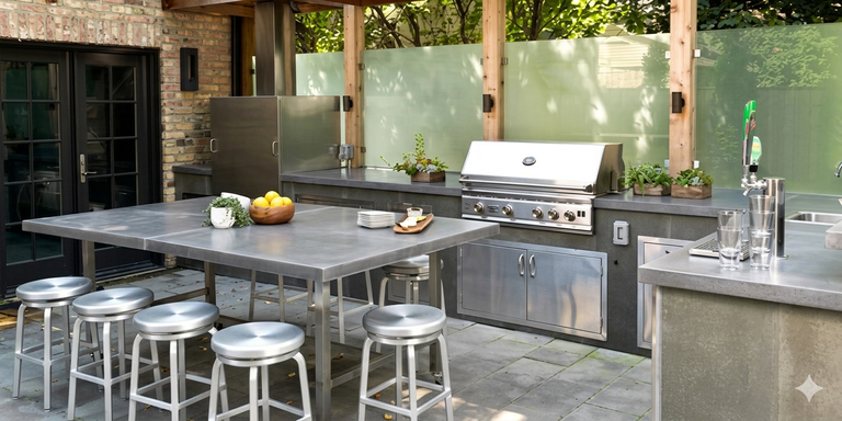 A spacious outdoor kitchen and dining area featuring a large, stainless steel prep table surrounded by matching metal barstools. The setup includes a built-in gas grill, a draft beer tap, and a large smoker cabinet, all integrated into dark grey cabinetry under a wooden pergola with frosted glass privacy panels.