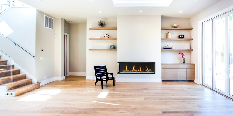 The linear Prodigy Series gas fireplace by the brand Montigo 