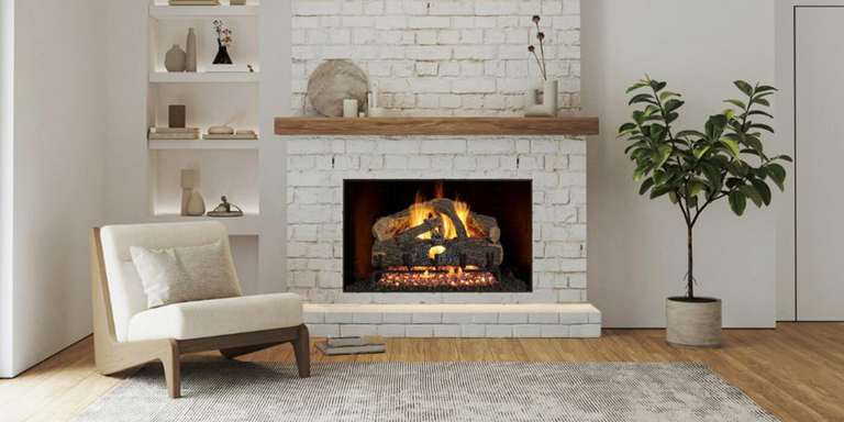 A modern living space with a rectangular fireplace and a Vented gas log set