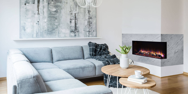 A contemporary living room with a multi-sided electric fireplace by Simplifire