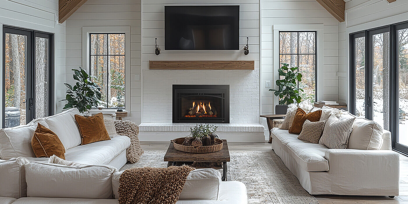 A contemporary living room with a traditional hearth updated by a modern gas fireplace insert