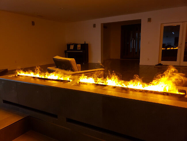 Close-up of OptiMyst fireplace in a dark living room