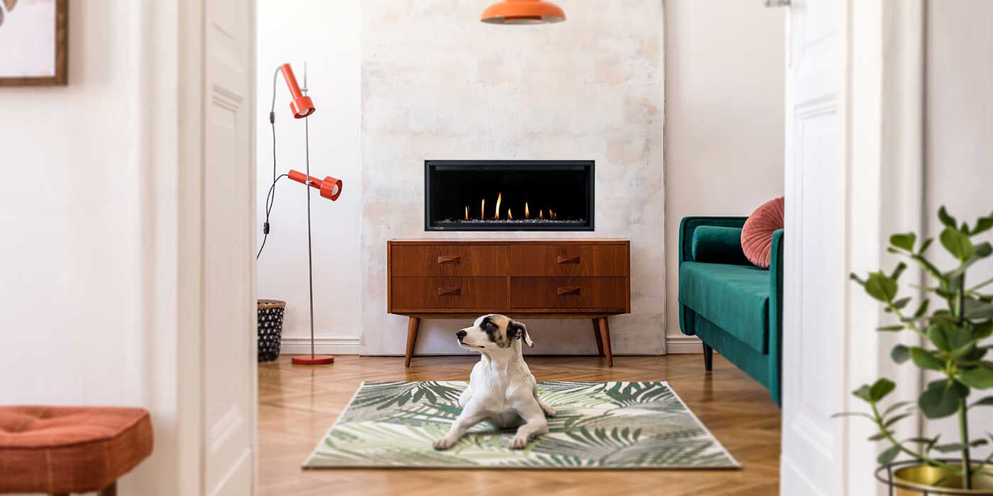 A modern living rom with orange lamps, a wooden buffet table, a small gas fireplace, a floor plant, and a dog laying on a rug in front of the fire.