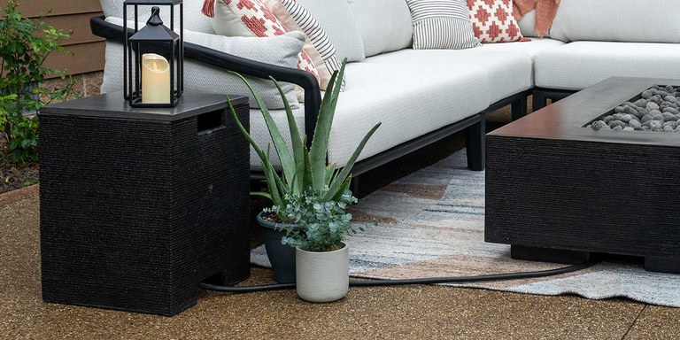 The matching side table Propane tank enclosure for the Zen Gas Fire Pit by FlameCraft