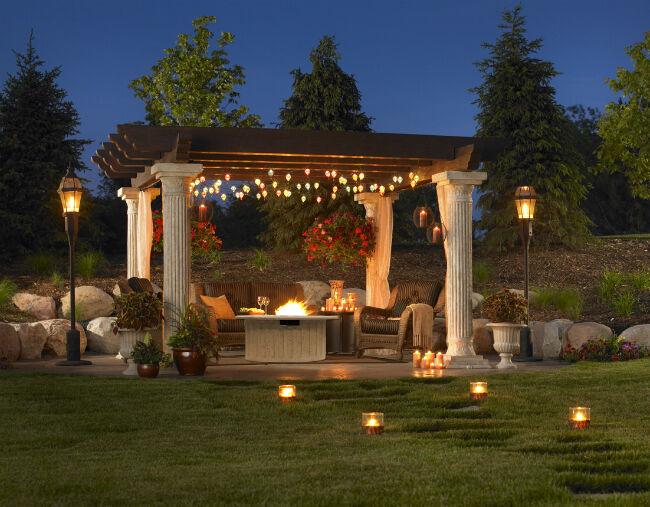 Backyard patio with gas fire pit and pergola