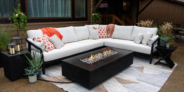 The Zen Gas Fire Pit by FlameCraft installed on a modern outdoor patio