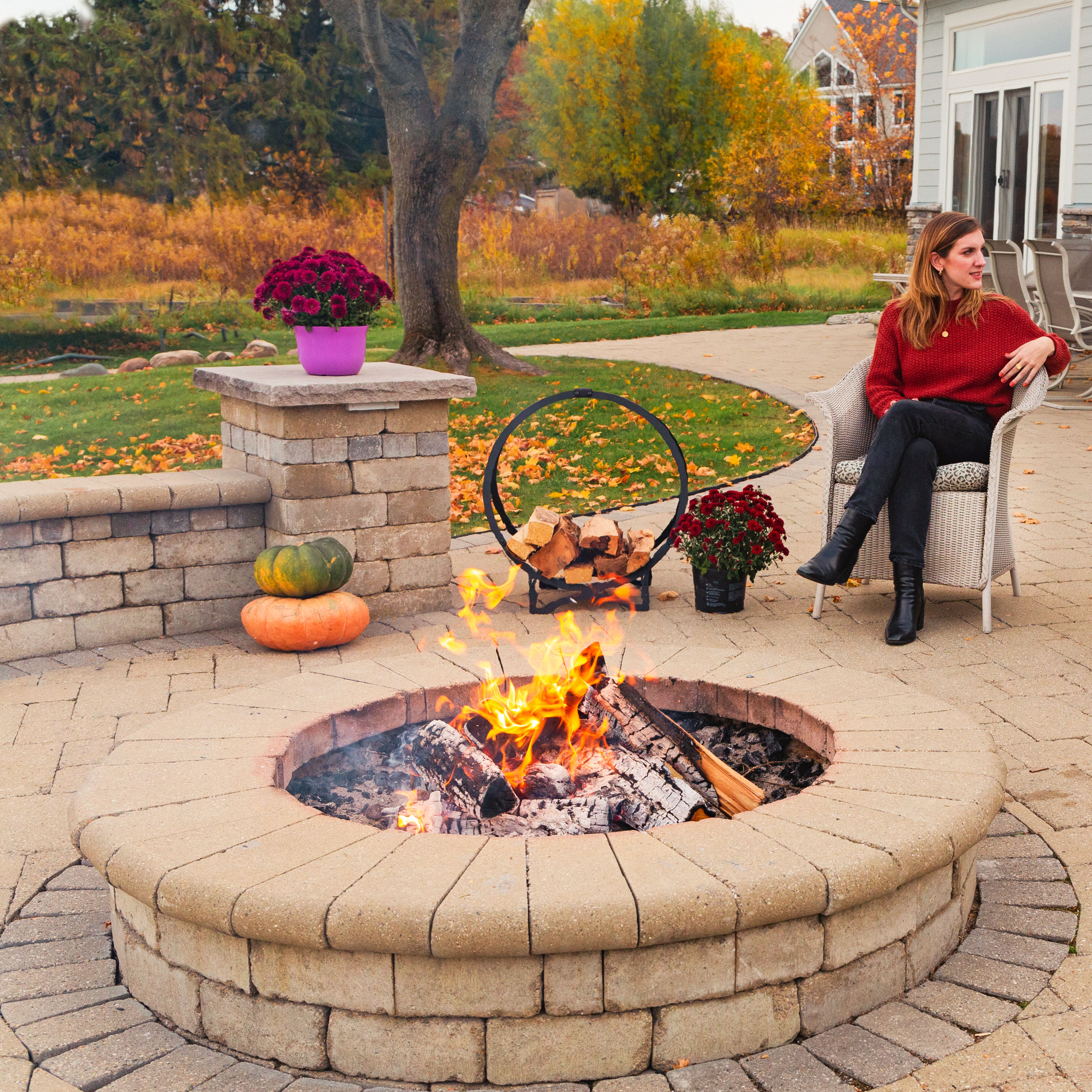 Patio with masonry wood burning fire pit