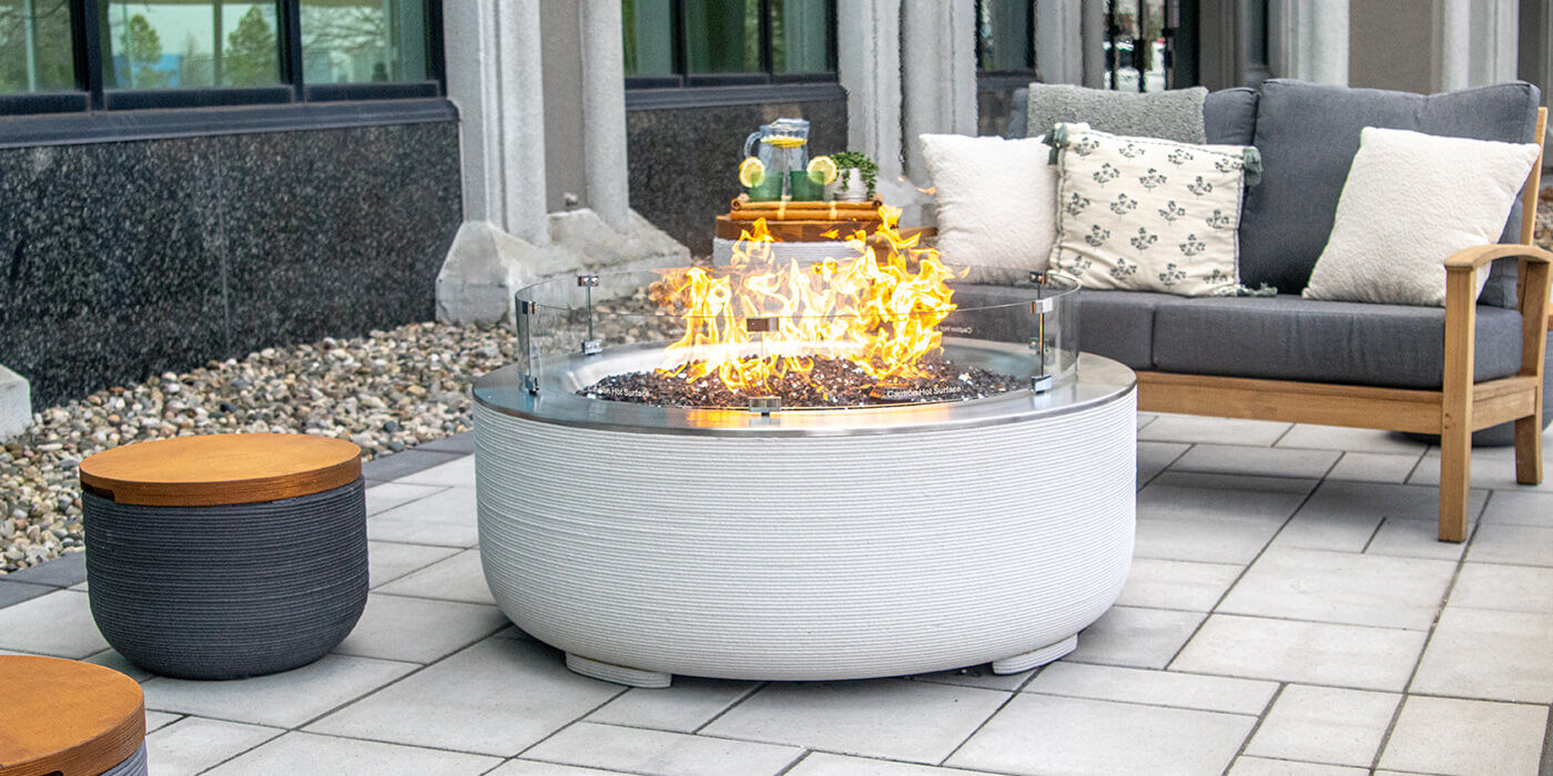 The FlameCraft ReForm Stack Gas Fire Pit, sustainably created using advanced 3-D concrete printing technology The FlameCraft ReForm Stack Gas Fire Pit, sustainably created using advanced 3-D concrete printing technology