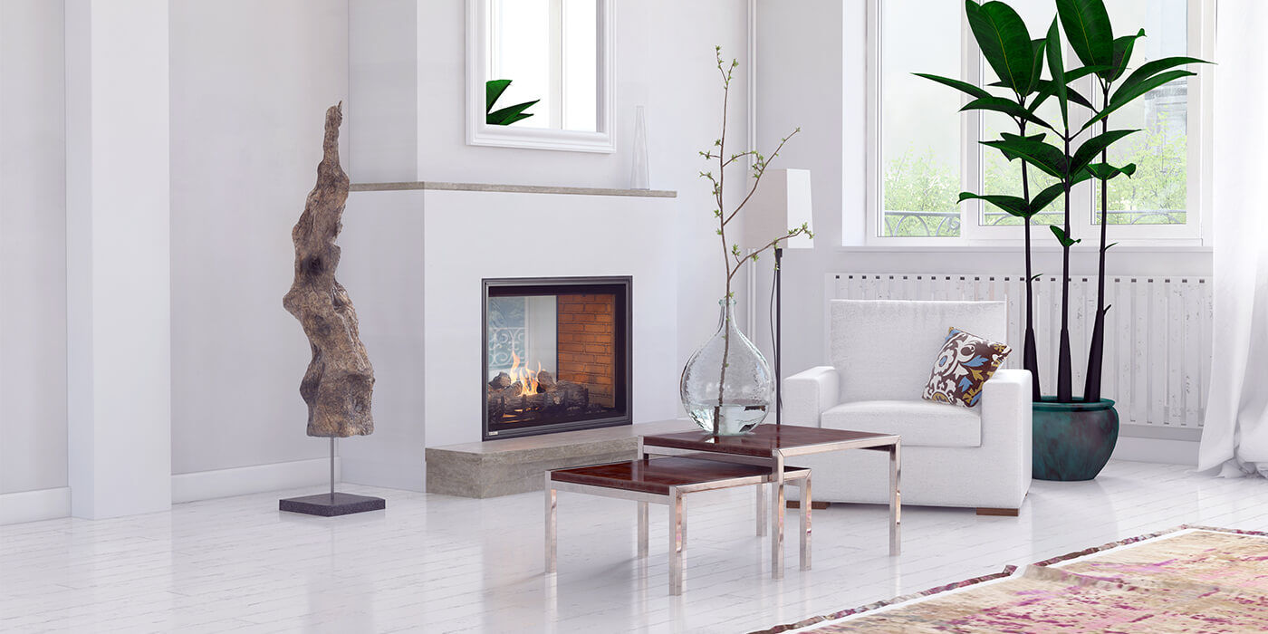 A square shaped see-through gas fireplace installed in a minimalist living room