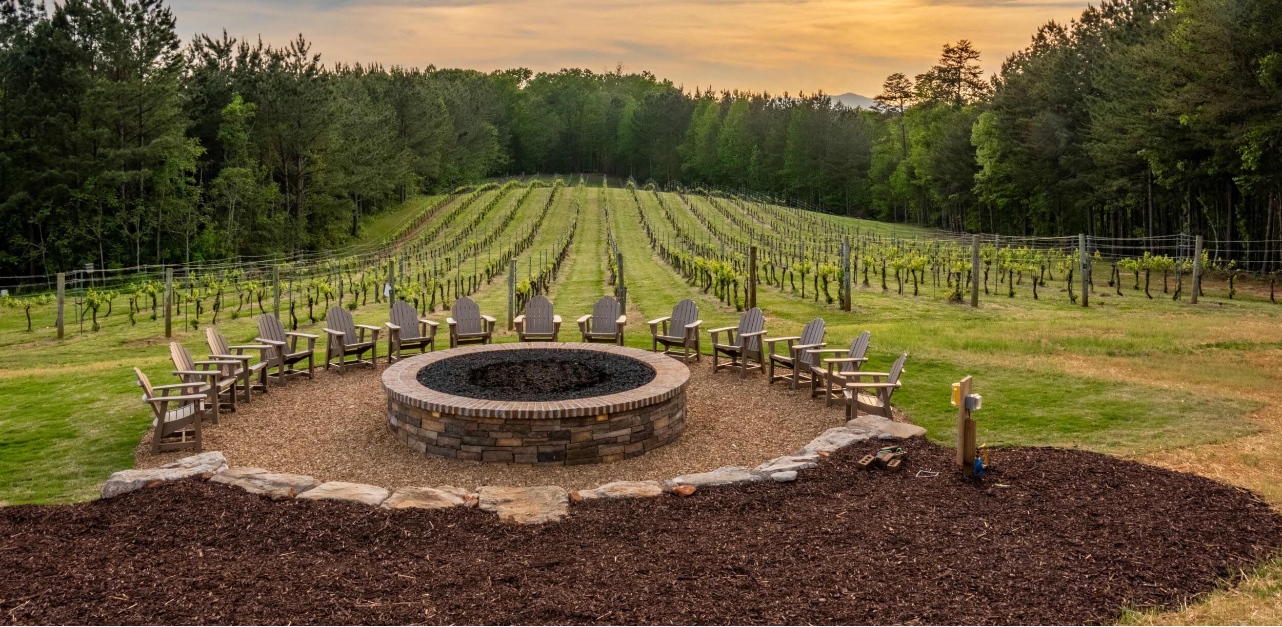 A large tree farm in the country with a bonfire area in the center and multiple wooden lounge chairs around a massive, custom-built gas fire pit.