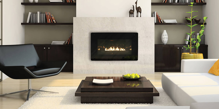 A modern styled living room with a linear gas fireplace