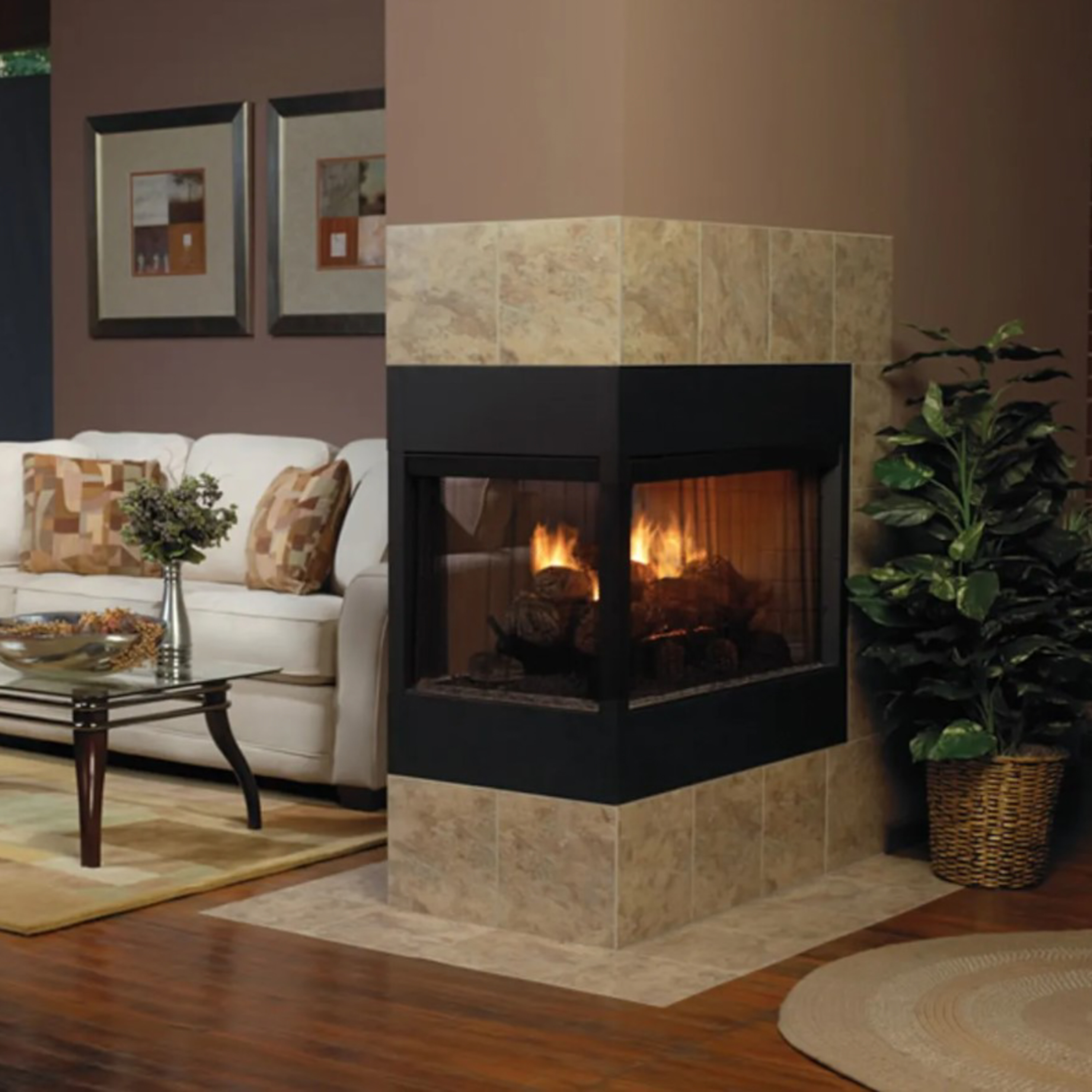 The Empire Stone River See-Through Ventless Gas Log Set is great for any multi-sided Ventless fireplace and features realistic, hand-painted bark details for a natural burning display  