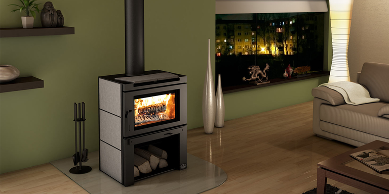 A contemporary living space with a freestanding wood stove from the brand Osburn