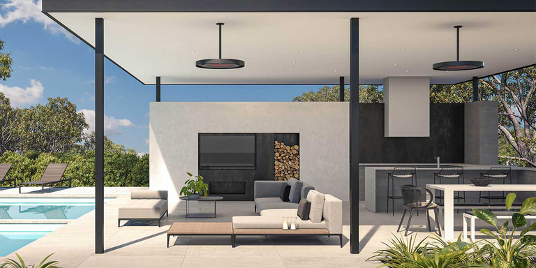 A modern, semi-enclosed outdoor patio next to a pool with a seating area, dining area, and two Bromic Eclipse patio heaters mounted to the ceiling