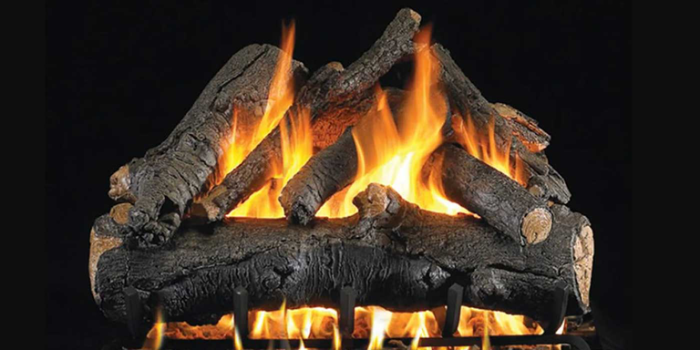 A Vented Oak-style gas log set with organic knobs and split ends on a black background. 