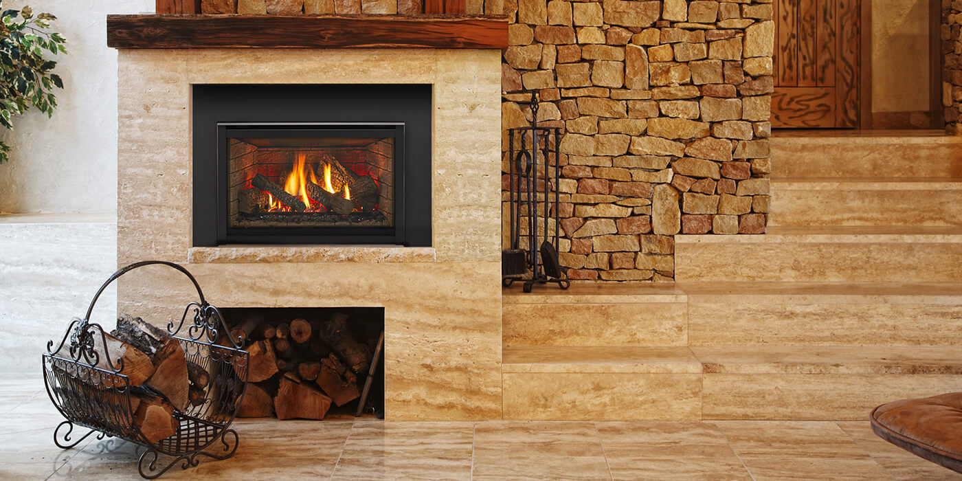 A traditional indoor space with a small wood burning fireplace insert and a stack of seasoned firewood on a small floor rack A traditional indoor space with a small wood burning fireplace insert and a stack of seasoned firewood on a small floor rack