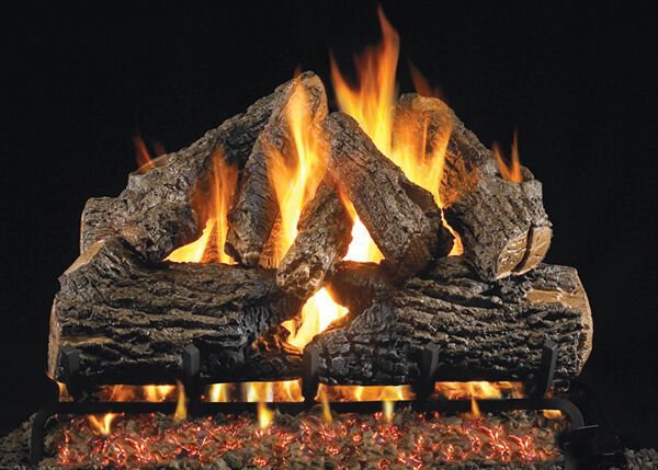 A rustic, Vented gas log set with orange and yellow flames, a glowing ember bed, and a traditional black fireplace grate.