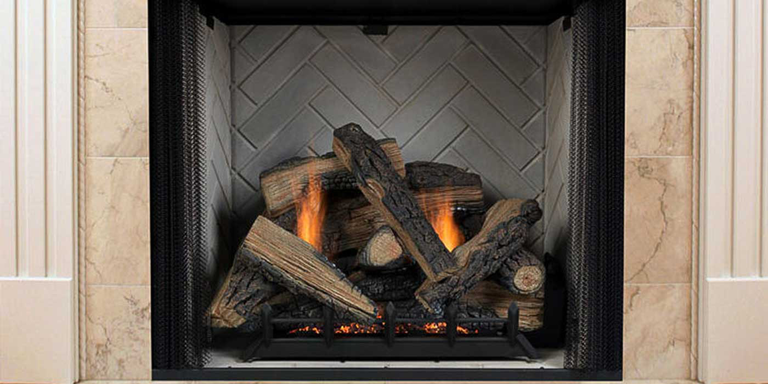 A square, traditional looking Ventless gas fireplace with a rustic gas log set