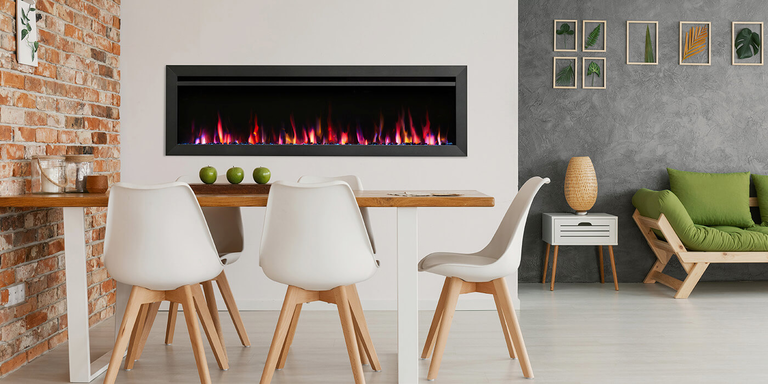A linear electric fireplace installed in a dining room 