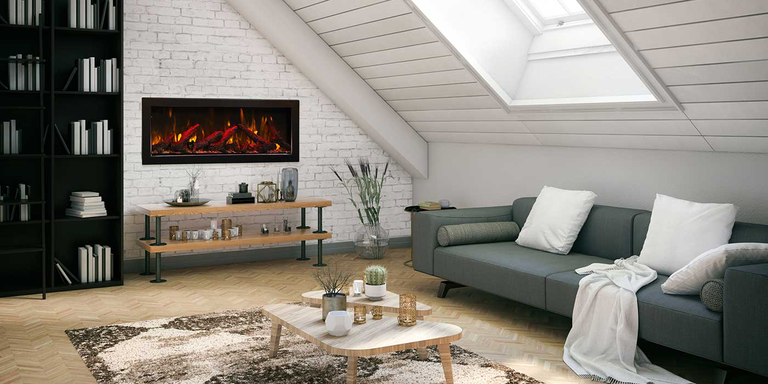 A linear electric fireplace with cozy orange flames installed in a modern upstairs living area 