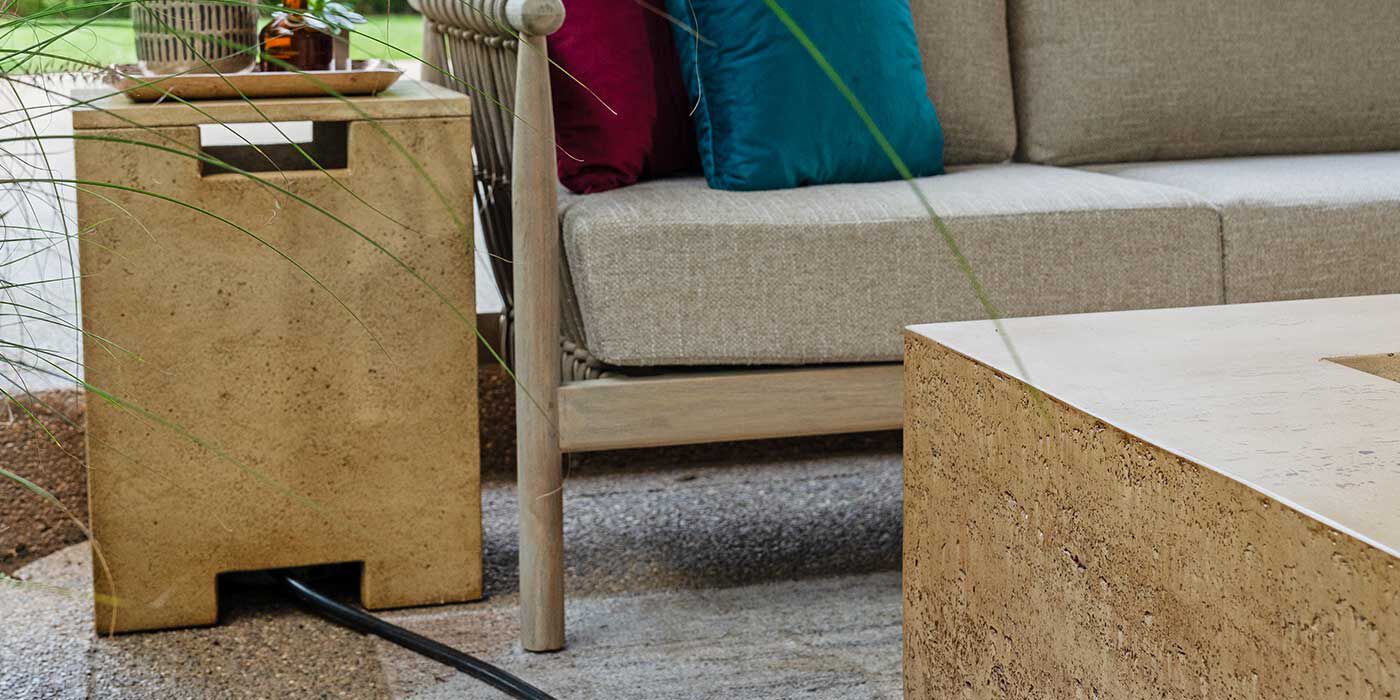 The matching side table Propane tank enclosure for the Tuscan Gas Fire Pit by FlameCraft