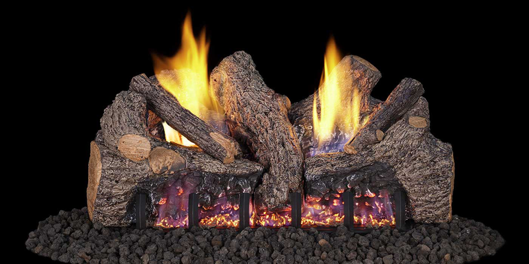A Ventless gas log set with rugged, brown-gray bark, a black fireplace grate, black lava rock, and yellow flames.