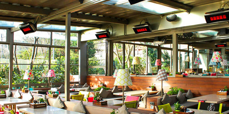 An enclosed restaurant patio space with several wall-mounted patio heaters grouped into heating zones