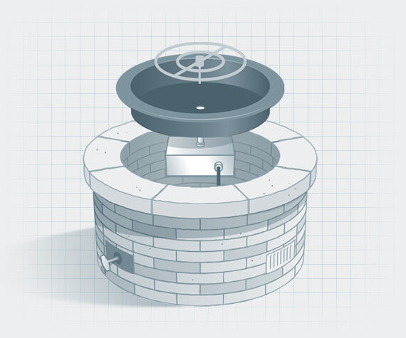 An illustration of disassembled gas fire pit showing its parts