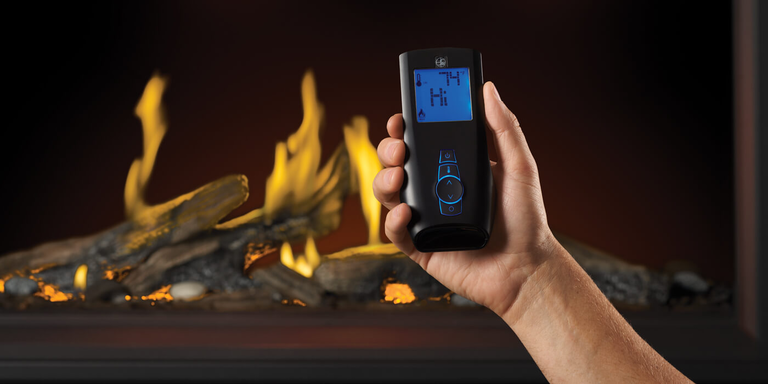 A Napoleon gas fireplace with remote controller