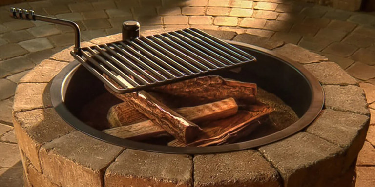 A custom-built wood burning fire pit with a fire ring and grate for outdoor cooking