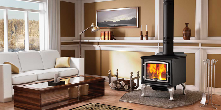 A modern living room with a traditional wood burning stove
