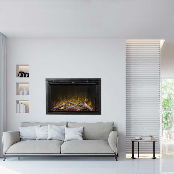 The Modern Flames Redstone Built-In Electric Fireplace has a massive, traditional-looking design, incredibly lifelike flames, multi-colored accent lighting, and a realistic media bed