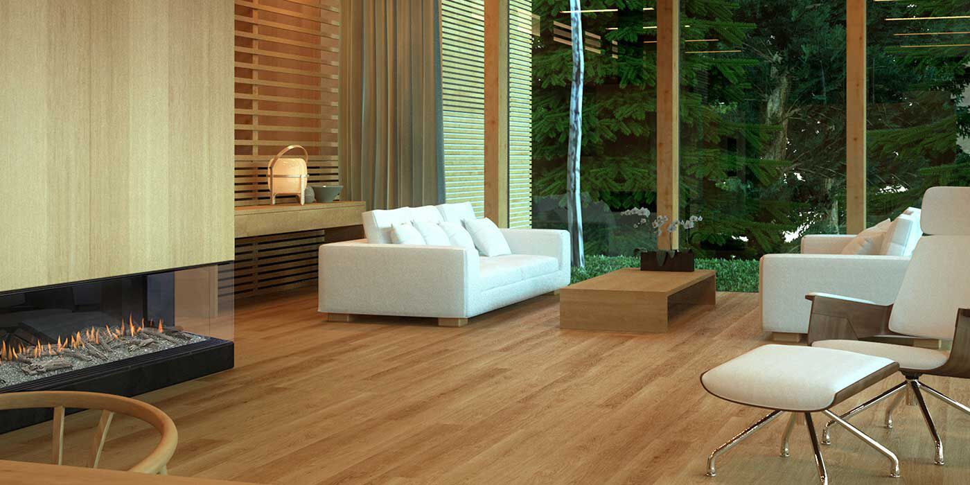 A mid-century modern living room with a floor to ceiling window, two large white couches, a large wood rectangular coffee table, a white retro lounge chair with a matching ottoman, and a natural wood hearth with a linear gas fireplace and a Driftwood log set.